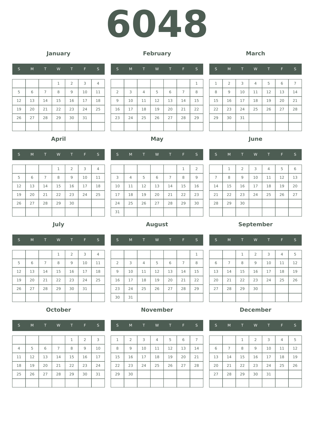 Printable 6048 Year Calendars feldgrau