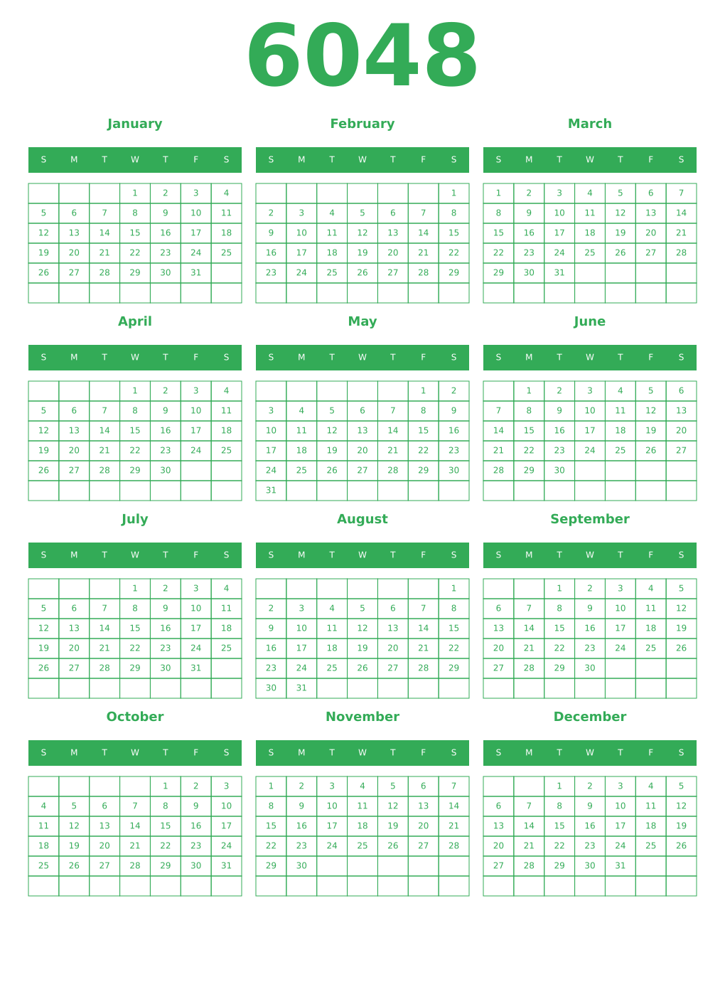 Printable 6048 Year Calendars green