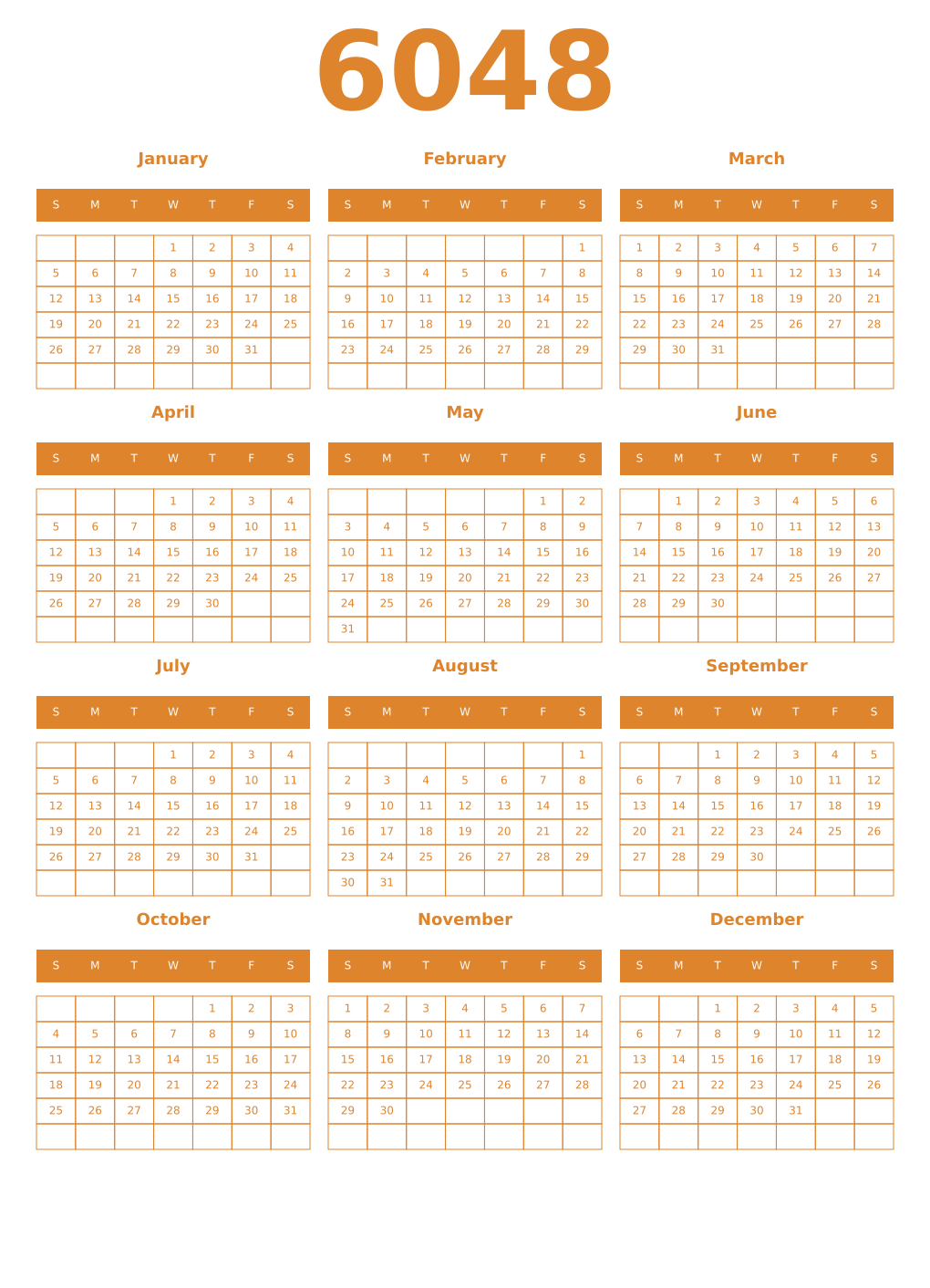 Printable 6048 Year Calendars orange