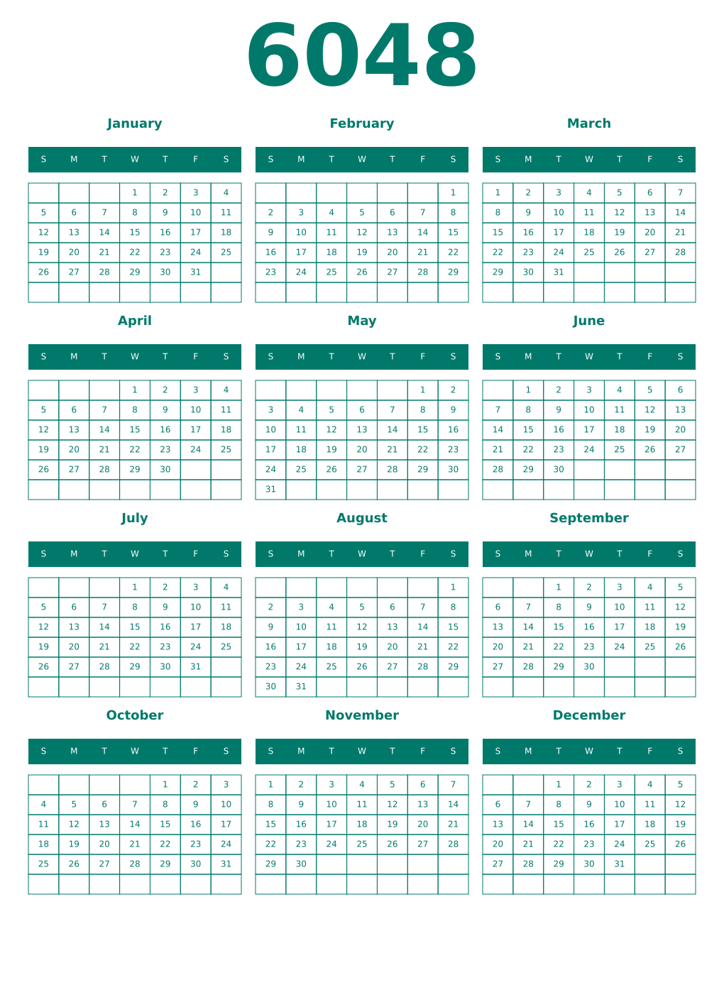 Printable 6048 Year Calendars pastel
