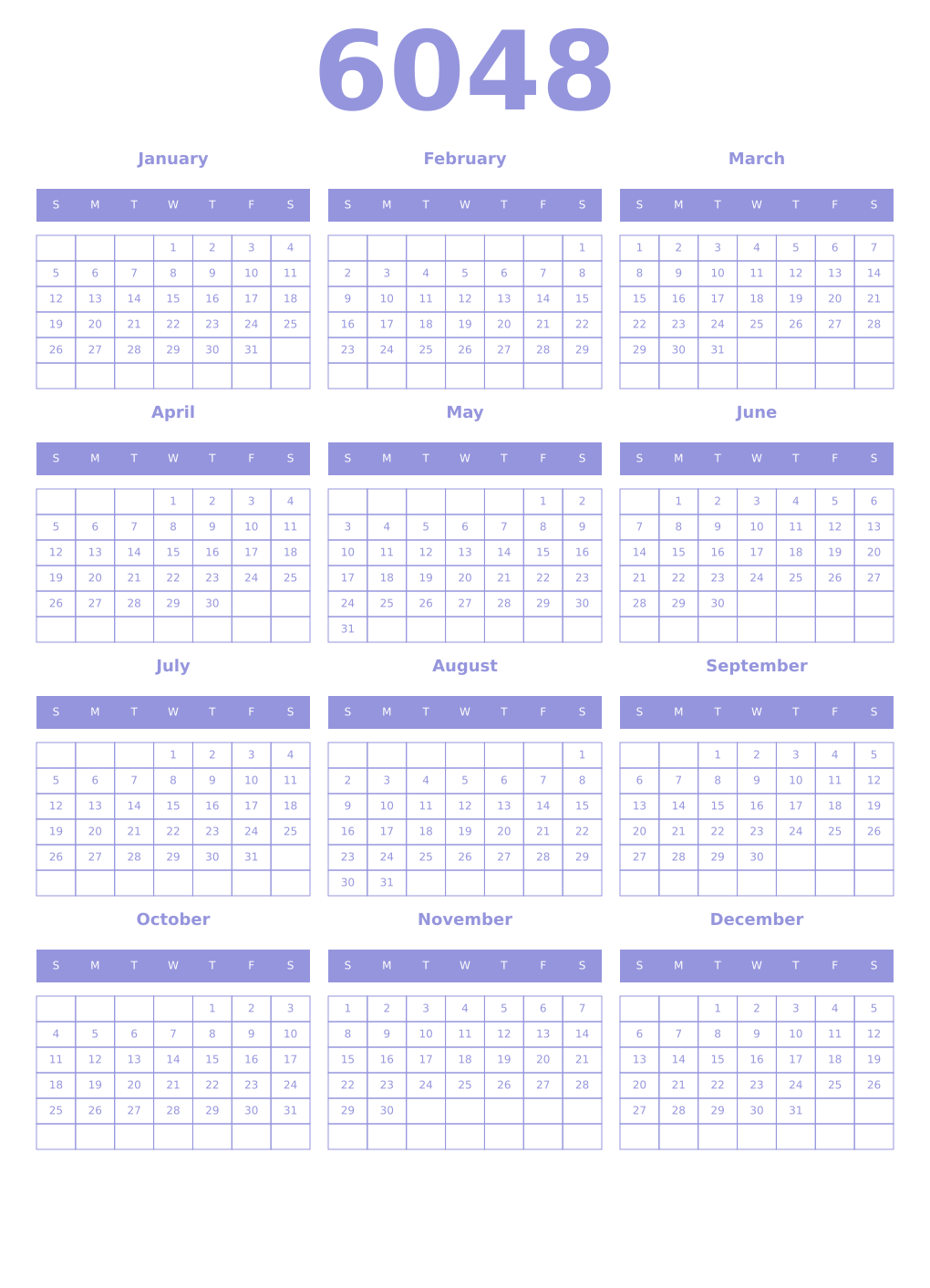 Printable 6048 Year Calendars periwinkle