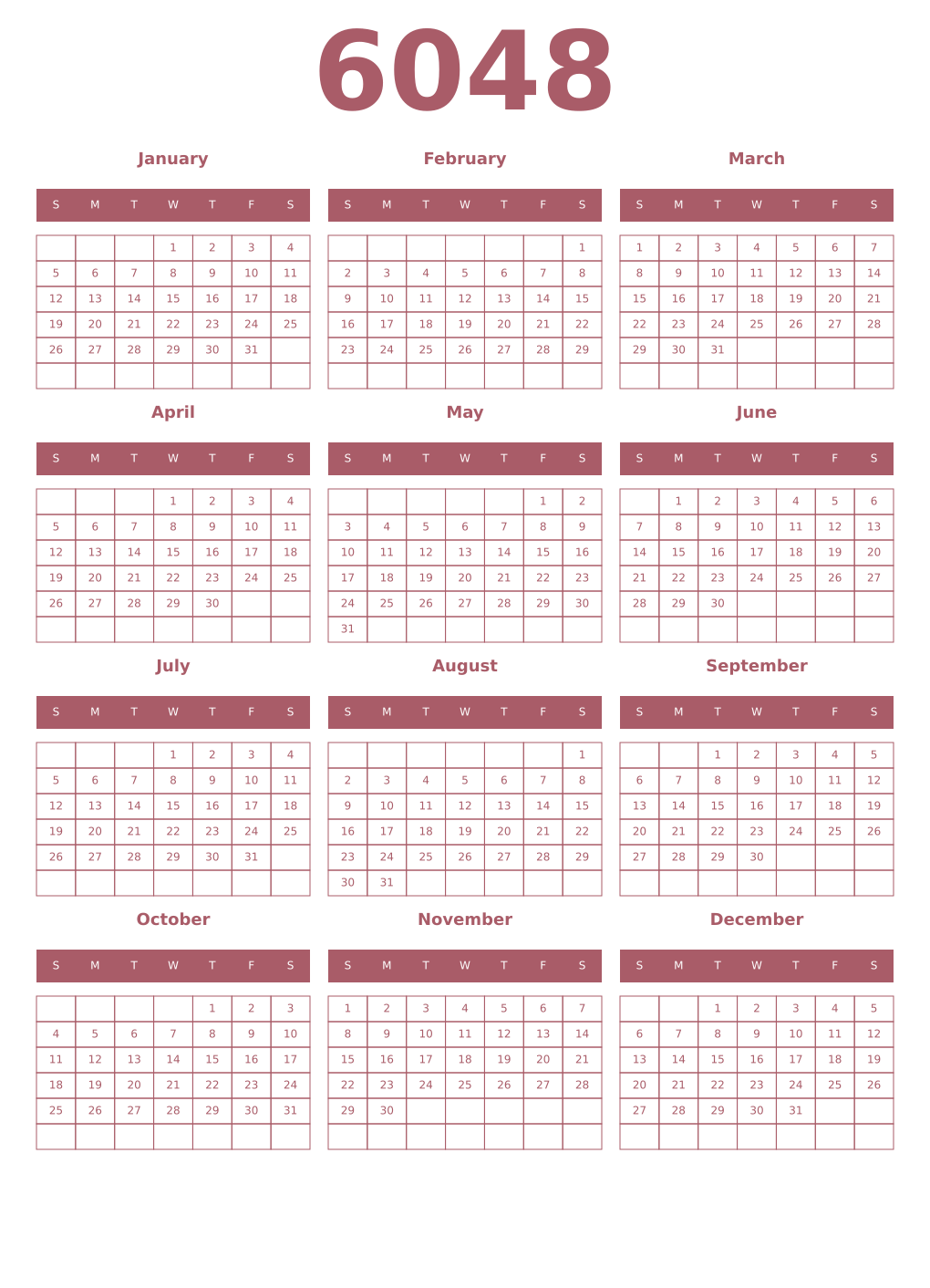 Printable 6048 Year Calendars puce