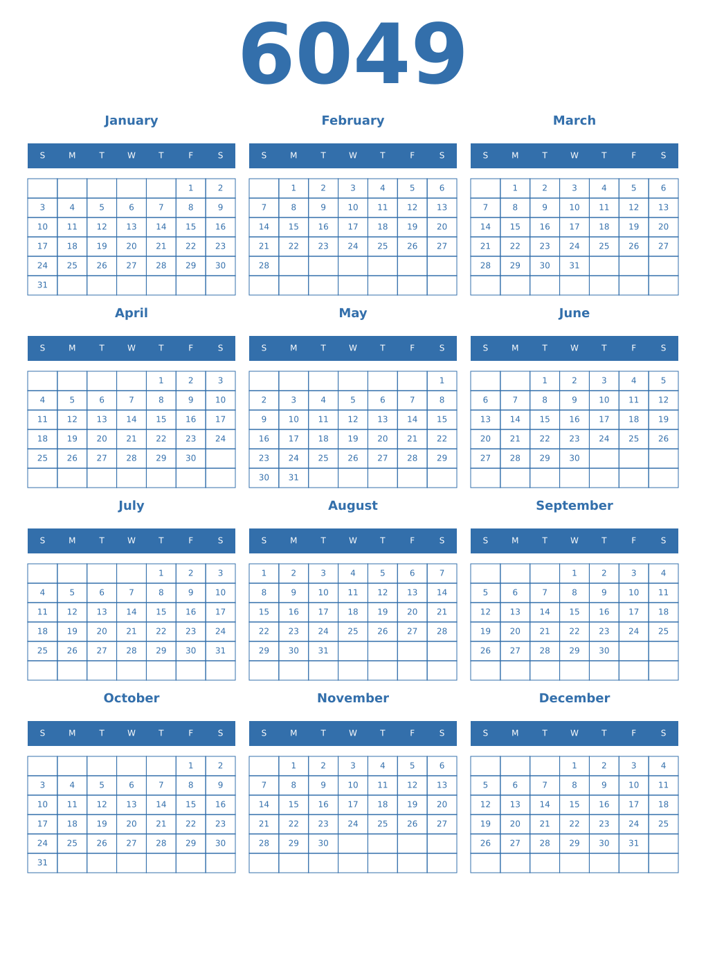 Printable 6049 Year Calendars blue