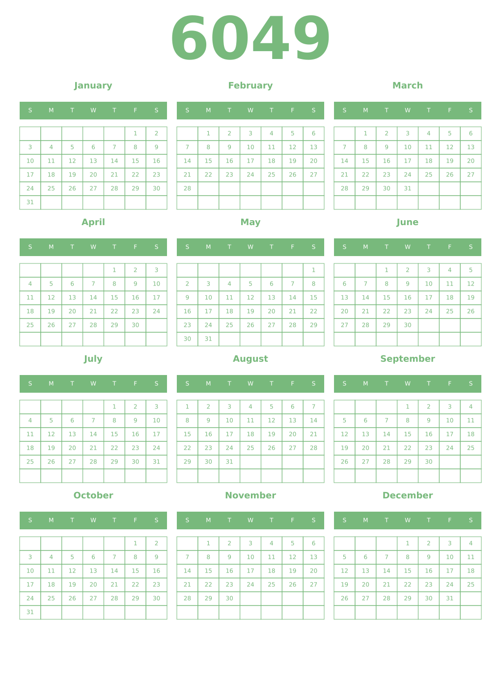 Printable 6049 Year Calendars celadon