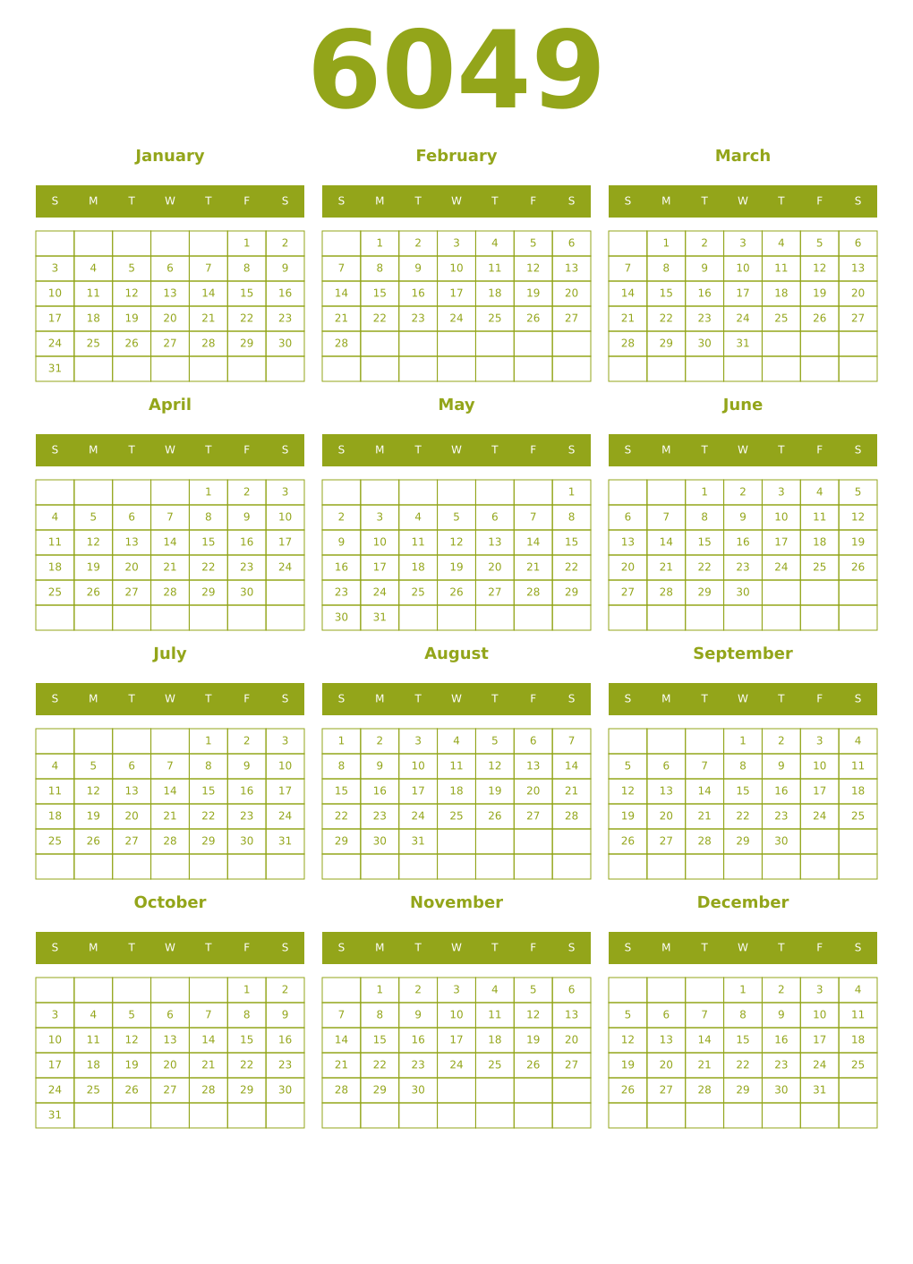 Printable 6049 Year Calendars chartreuse