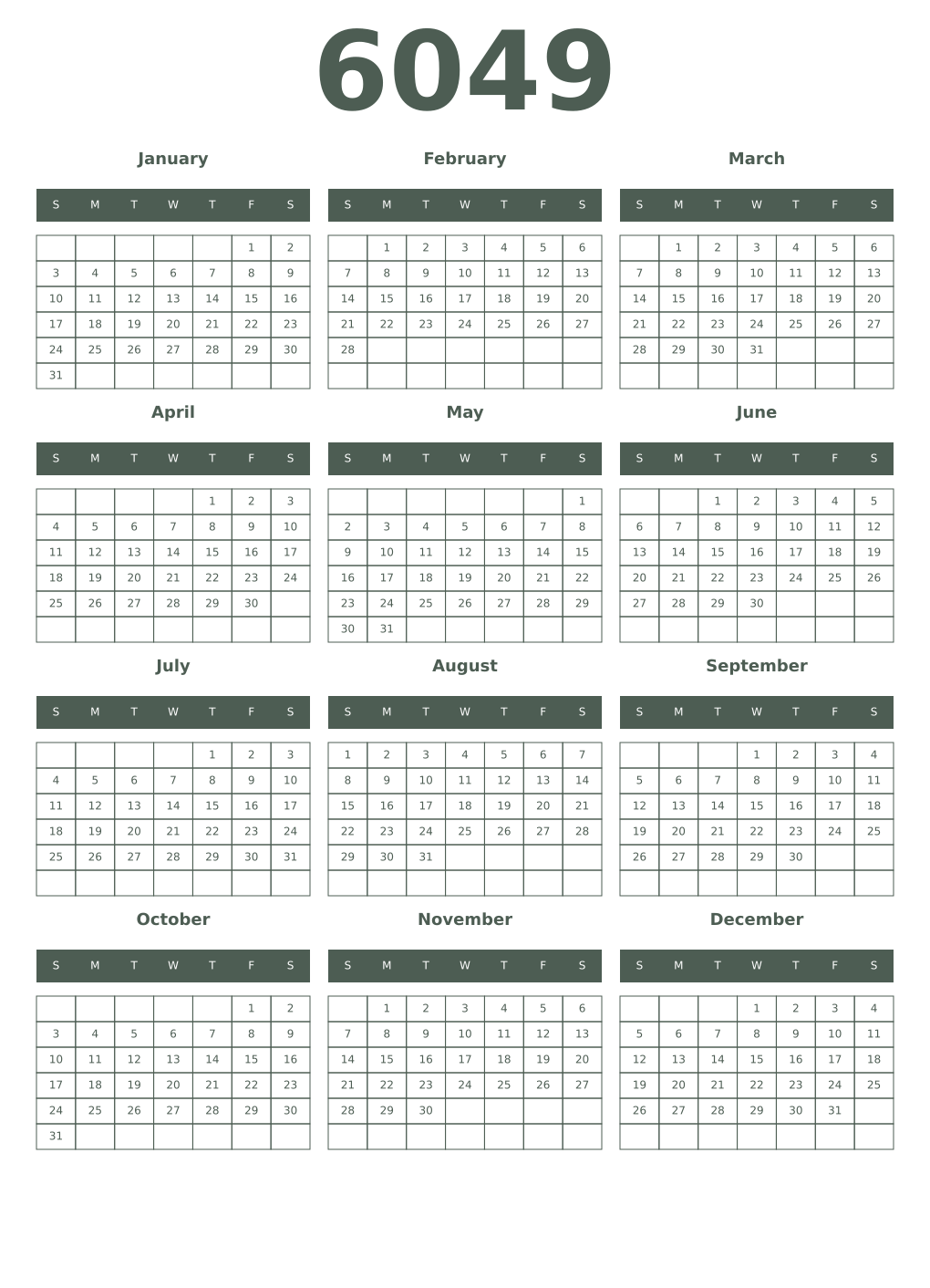 Printable 6049 Year Calendars feldgrau