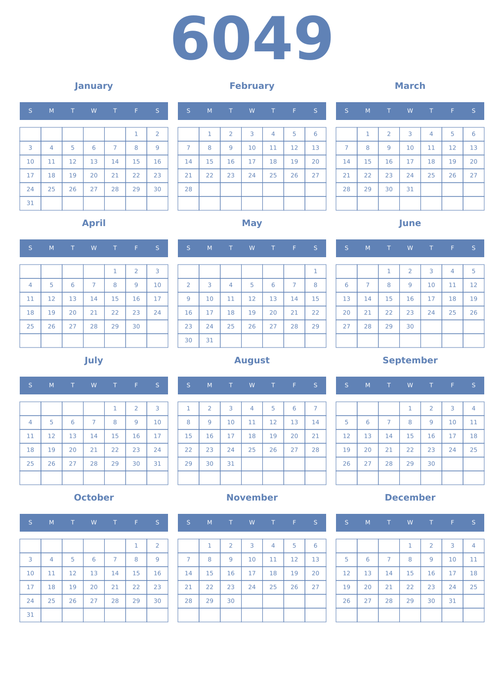 Printable 6049 Year Calendars glaucous