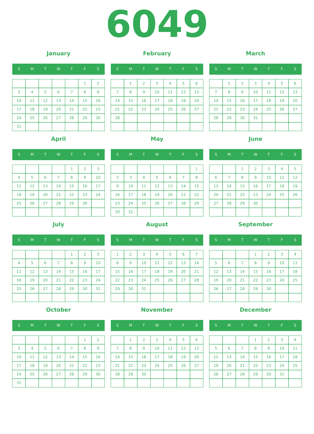 Printable 6049 Year Calendars green