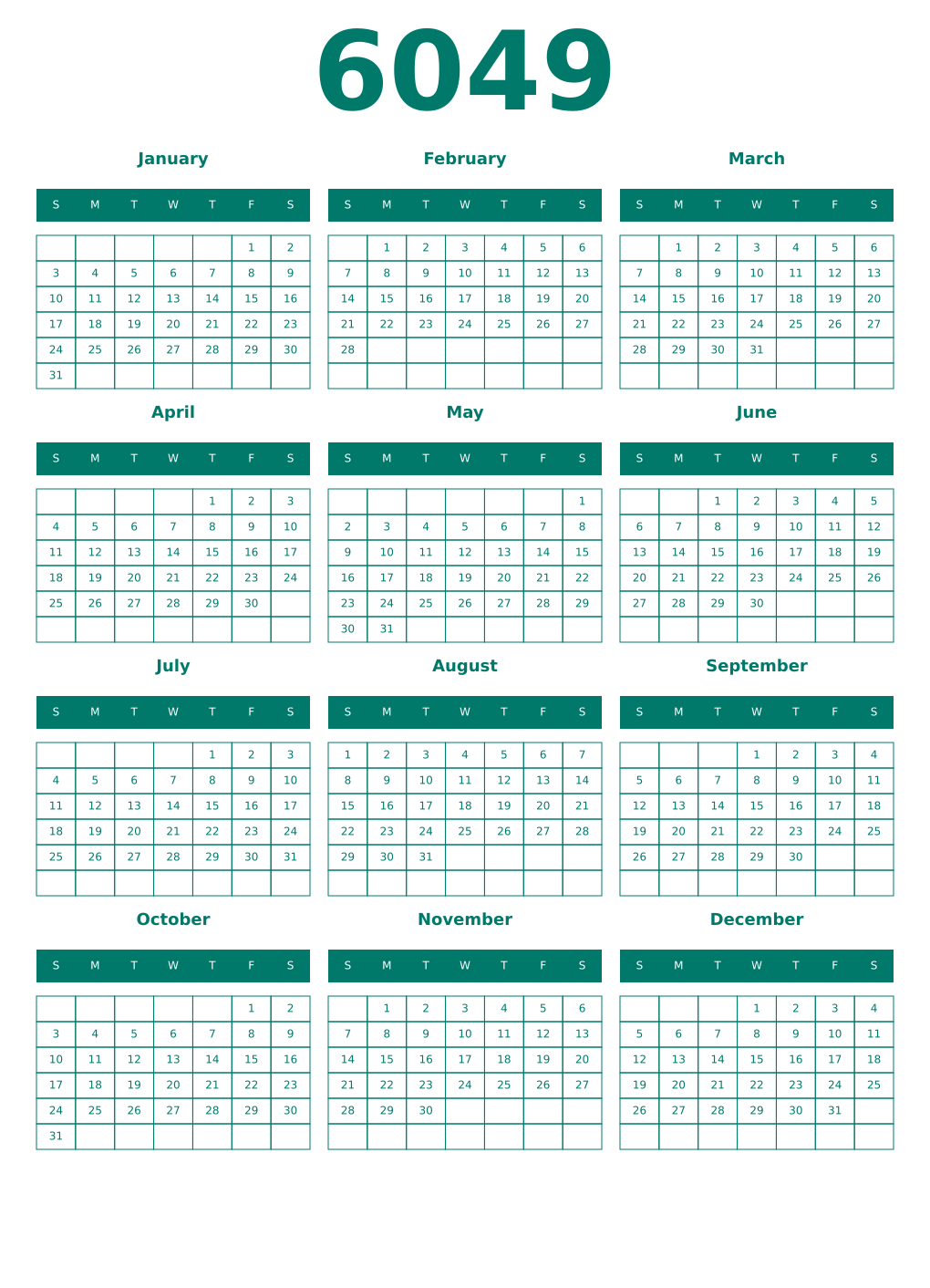 Printable 6049 Year Calendars pastel
