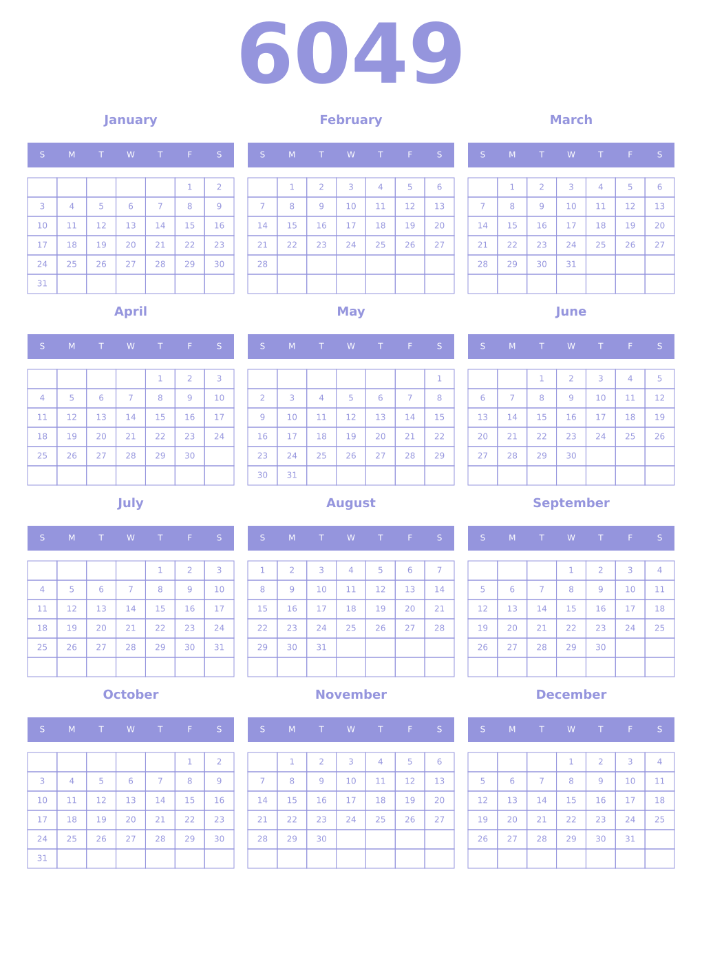 Printable 6049 Year Calendars periwinkle