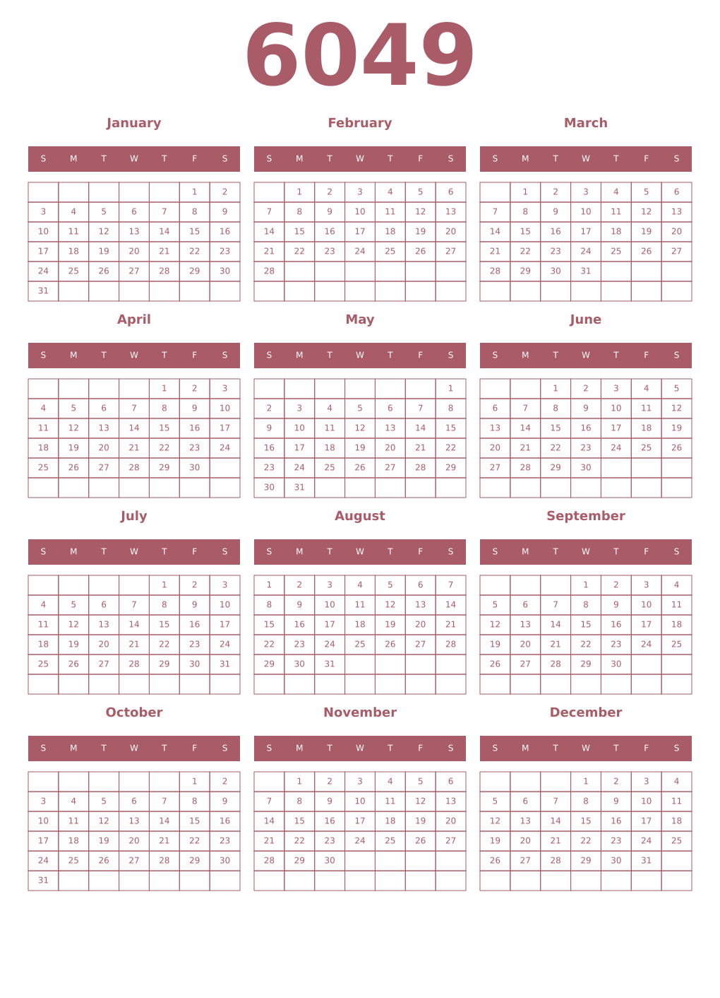 Printable 6049 Year Calendars puce