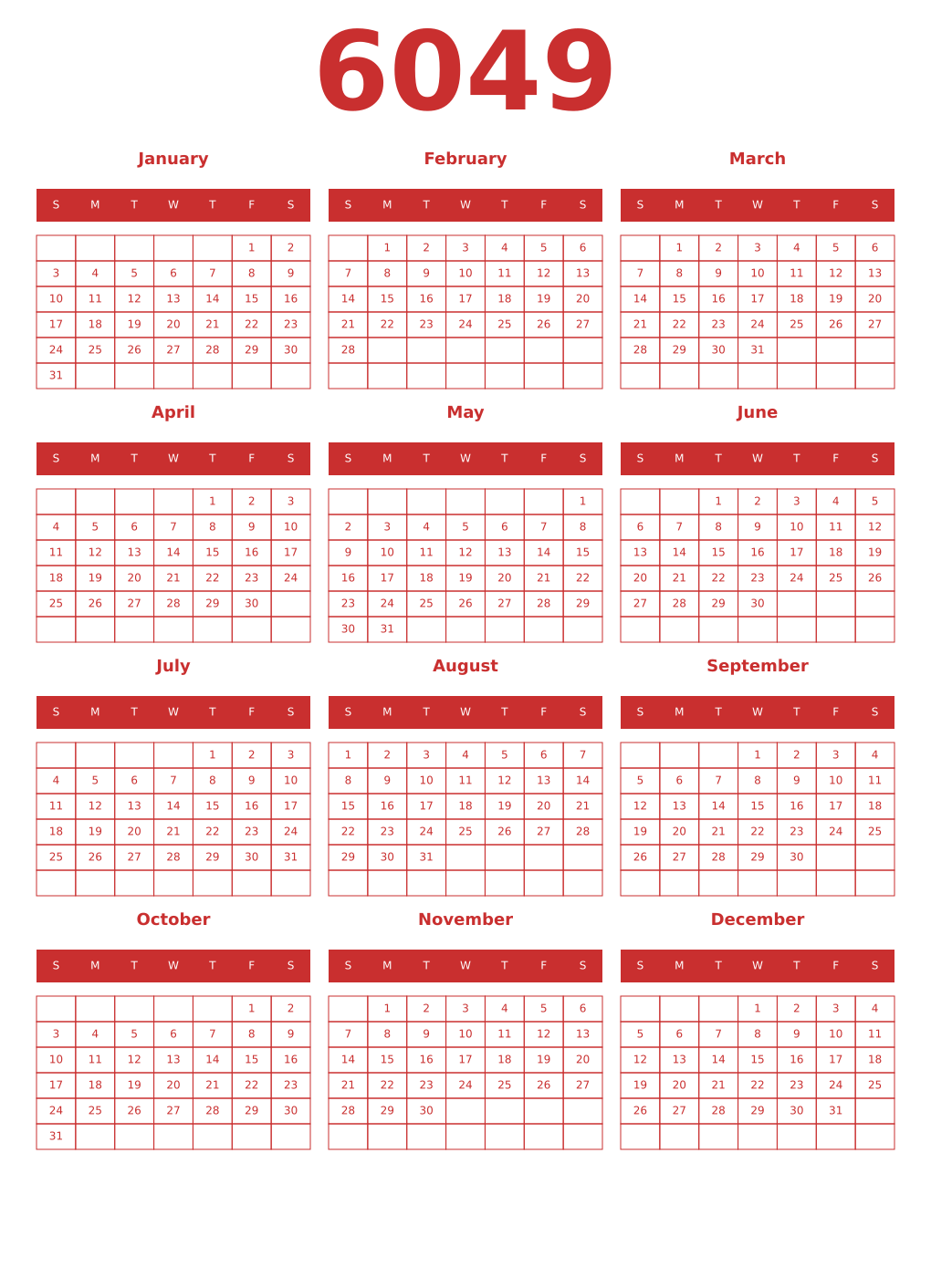 Printable 6049 Year Calendars red