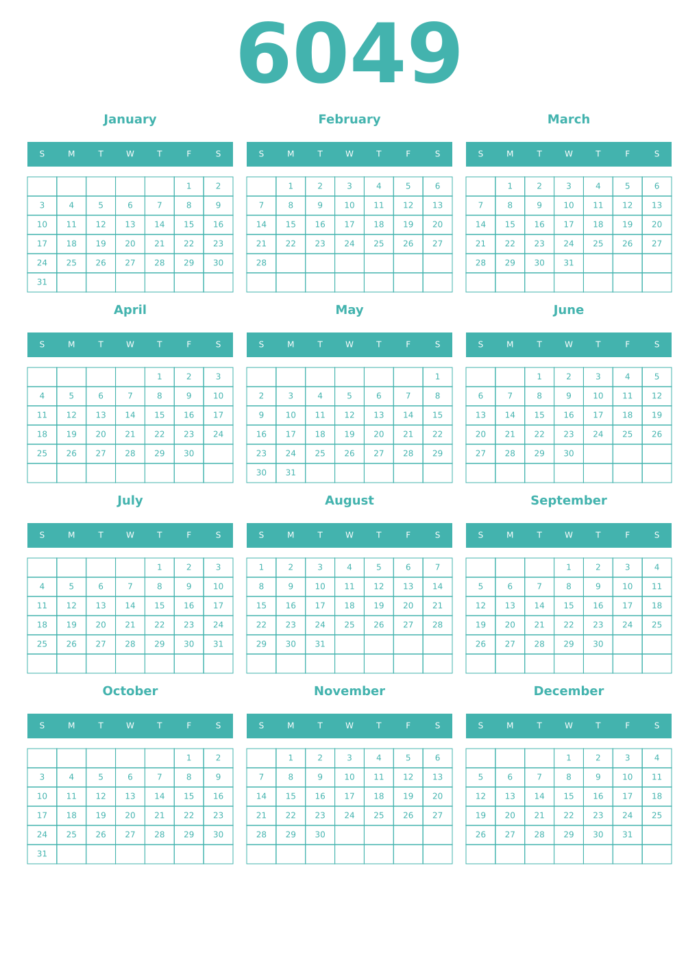 Printable 6049 Year Calendars verdigris