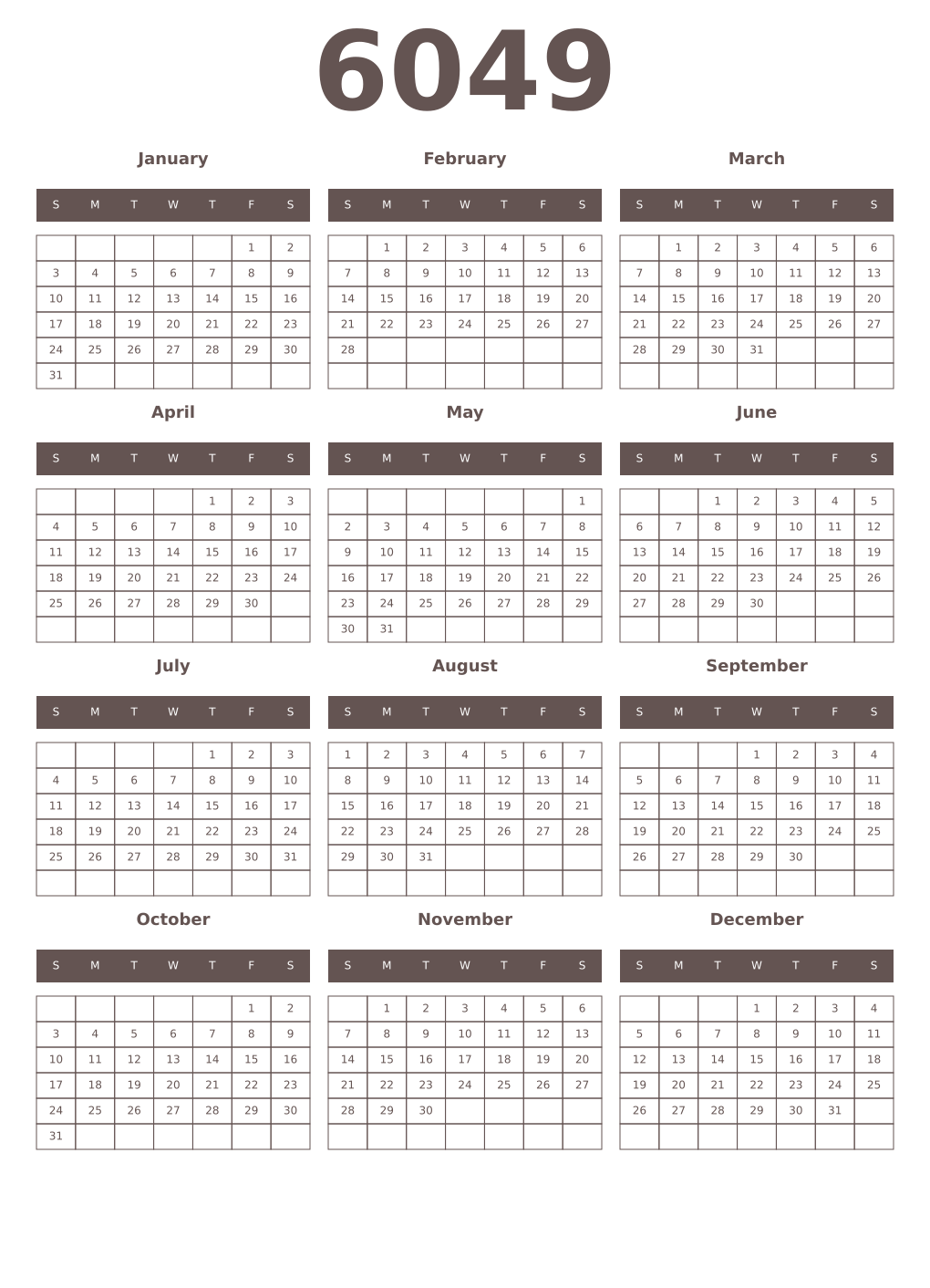 Printable 6049 Year Calendars wenge