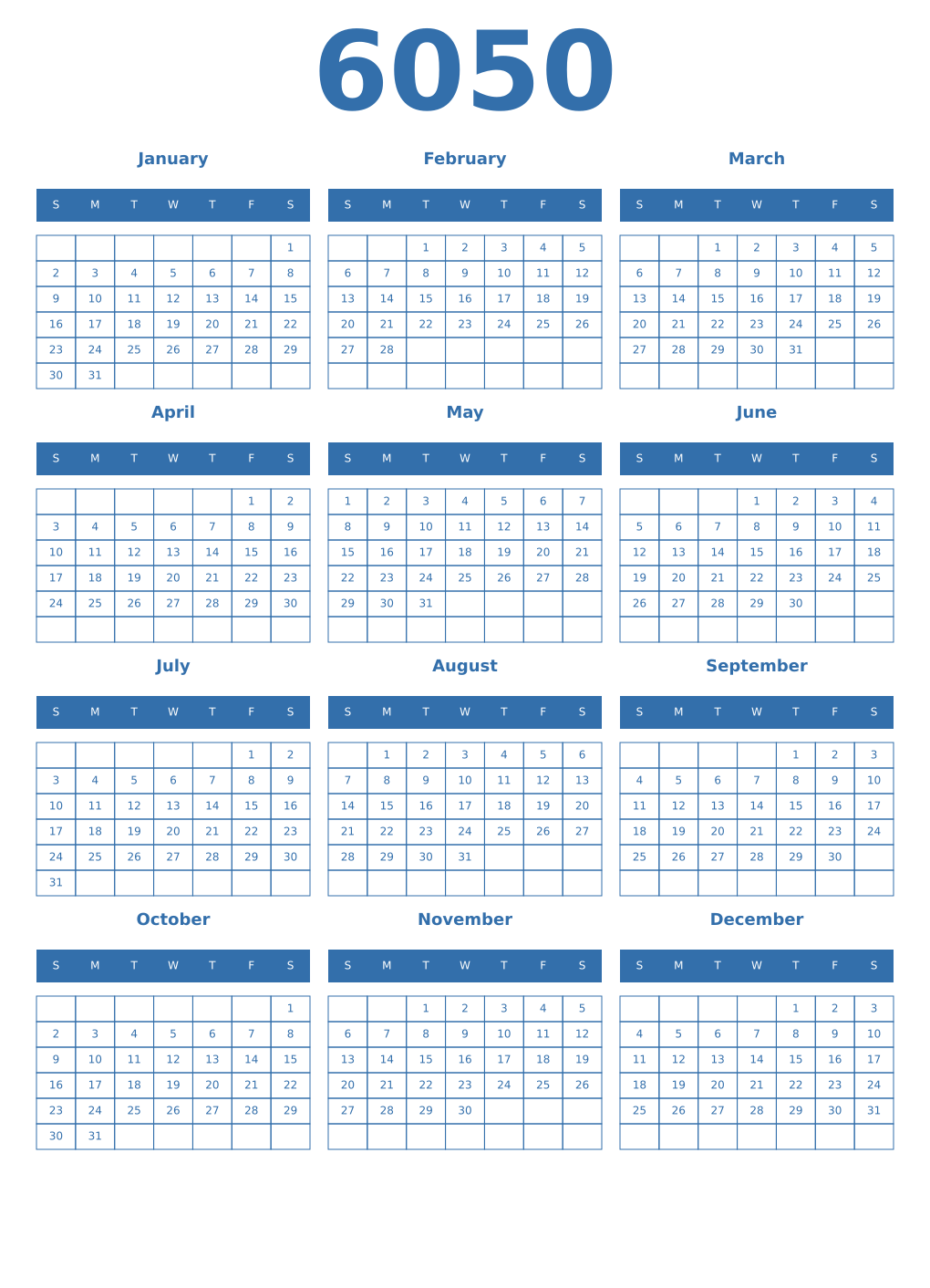 Printable 6050 Year Calendars blue