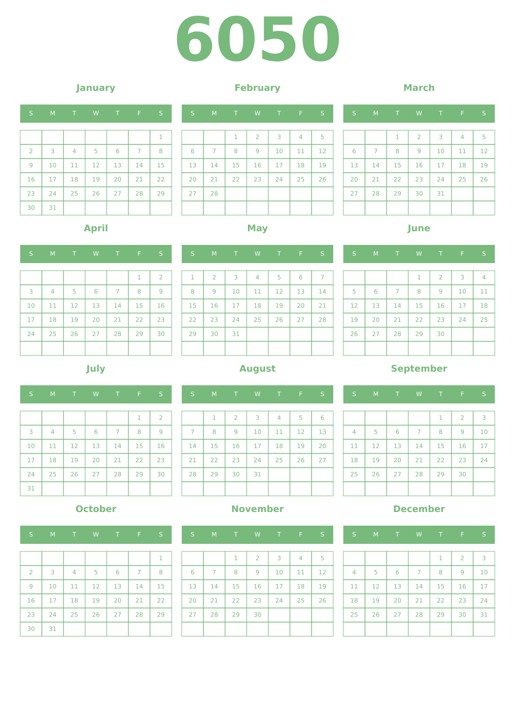 Printable 6050 Year Calendars celadon