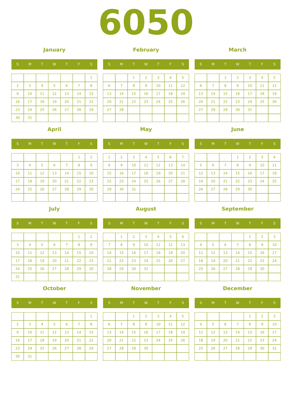 Printable 6050 Year Calendars chartreuse