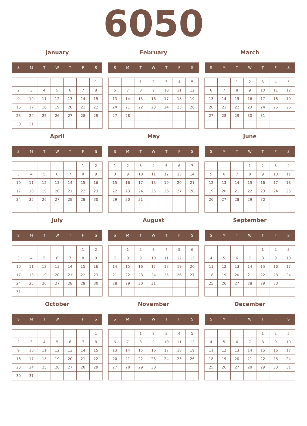 Printable 6050 Year Calendars coffe