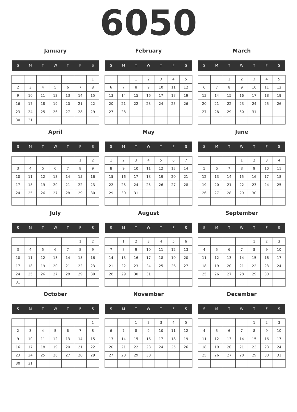 Printable 6050 Year Calendars dark