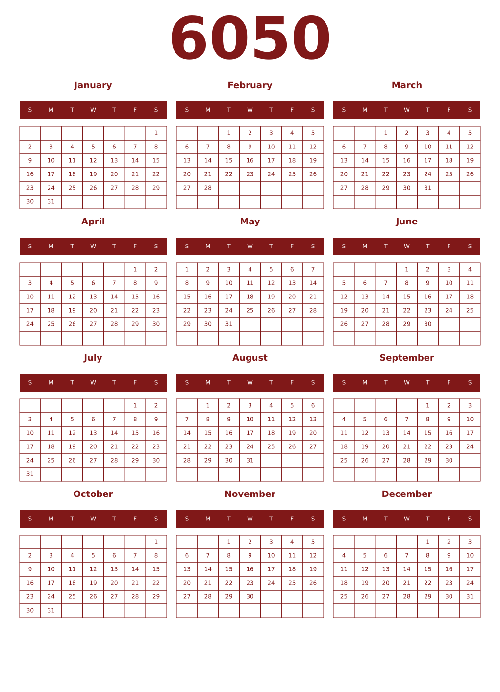 Printable 6050 Year Calendars falu