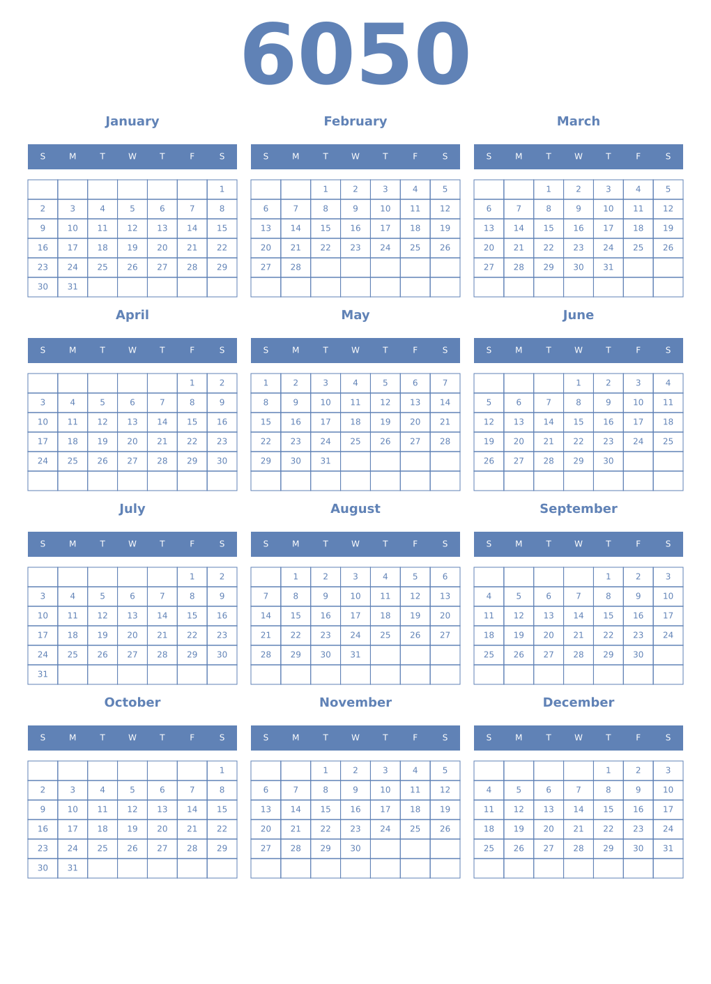 Printable 6050 Year Calendars glaucous