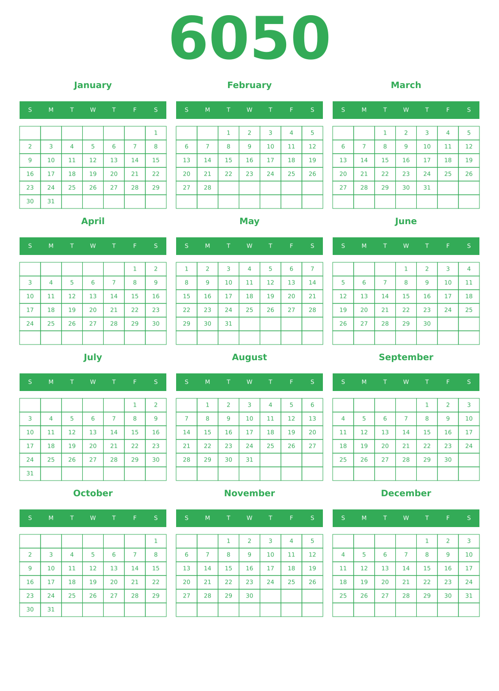 Printable 6050 Year Calendars green
