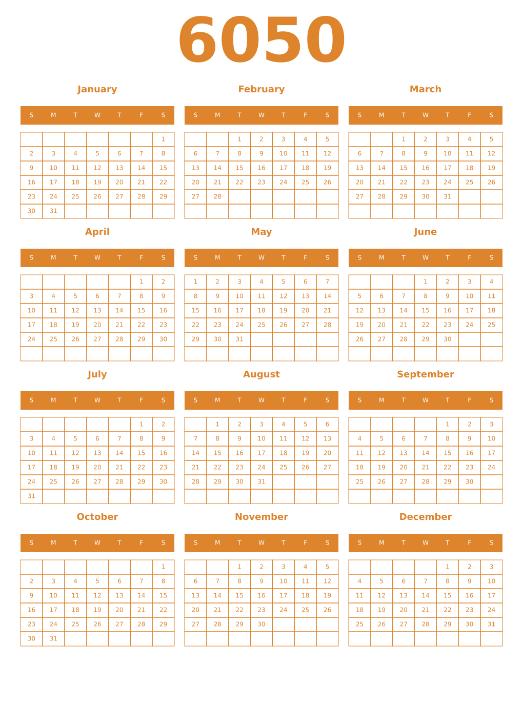 Printable 6050 Year Calendars orange
