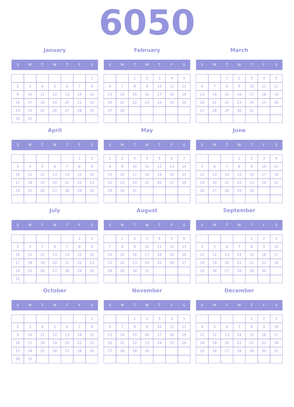 Printable 6050 Year Calendars periwinkle