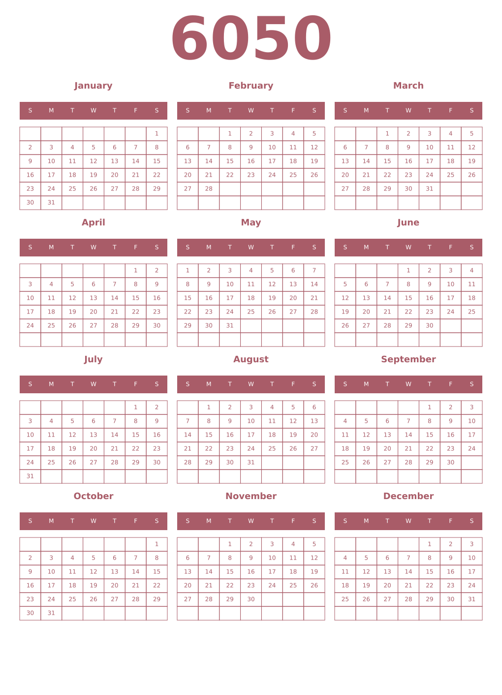 Printable 6050 Year Calendars puce