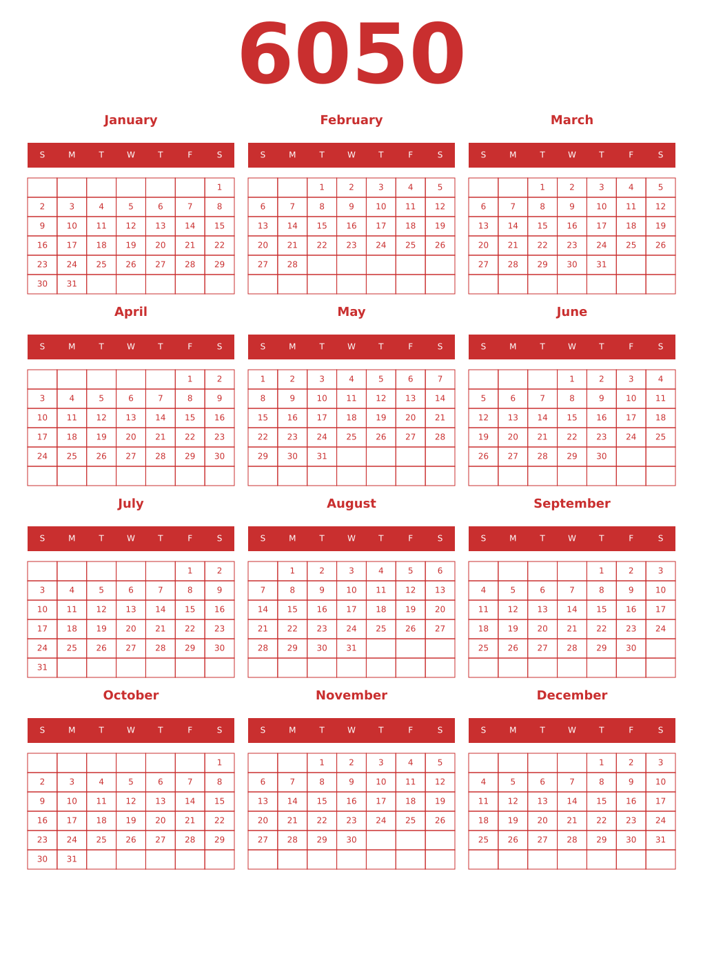 Printable 6050 Year Calendars red