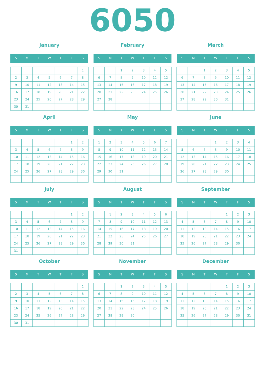 Printable 6050 Year Calendars verdigris