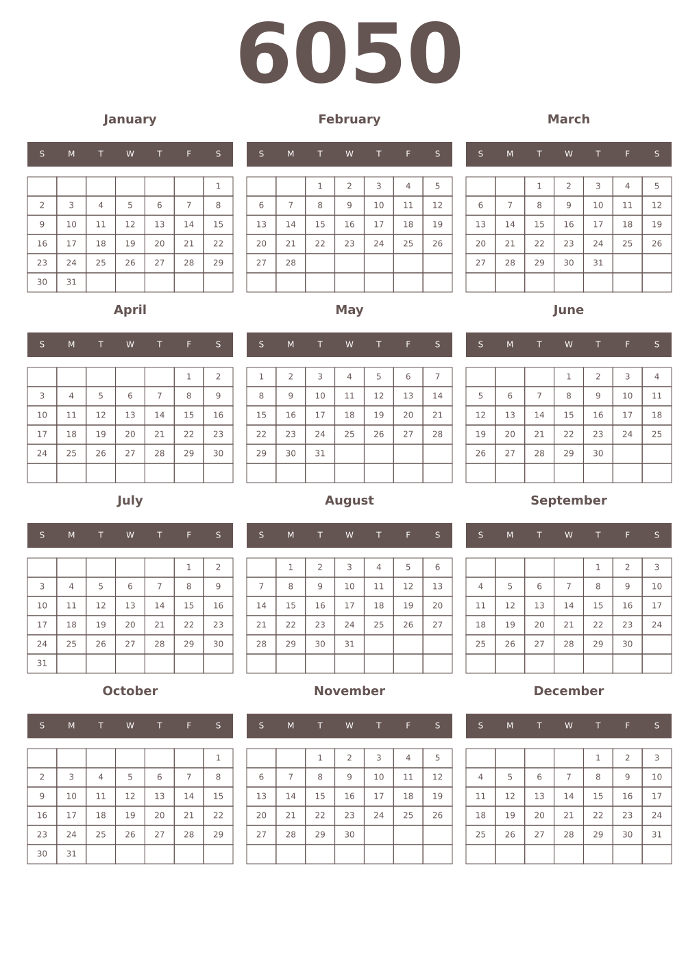 Printable 6050 Year Calendars wenge