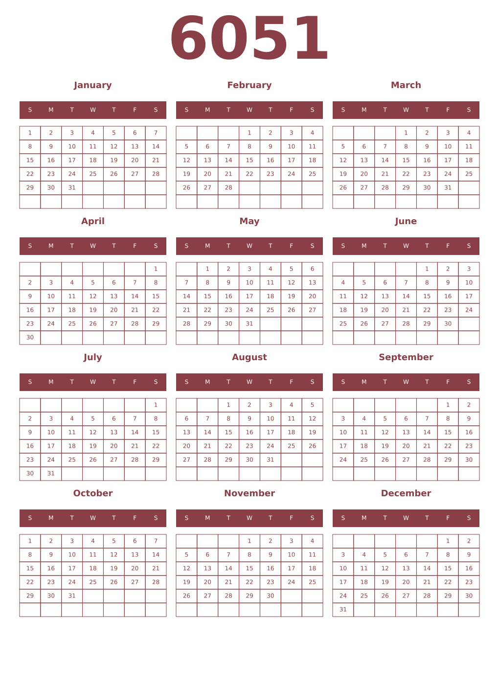 Printable 6051 Year Calendars cordovan