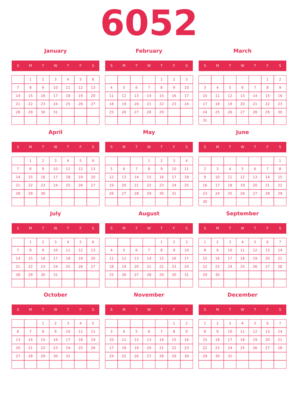 Printable 6052 Year Calendars amaranth