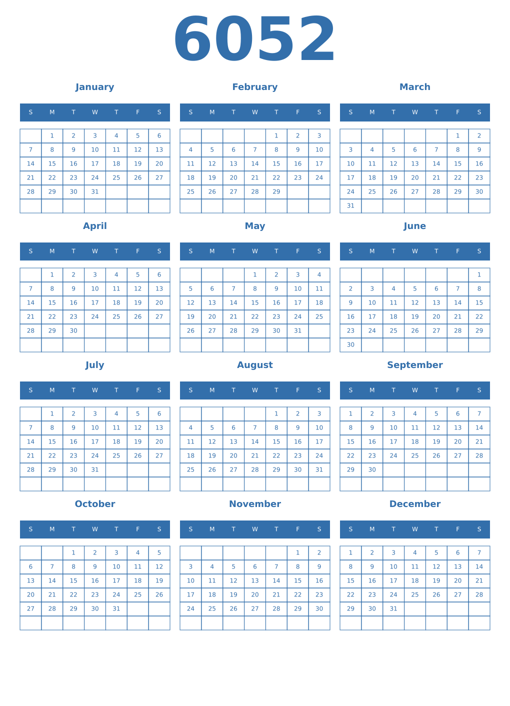 Printable 6052 Year Calendars blue