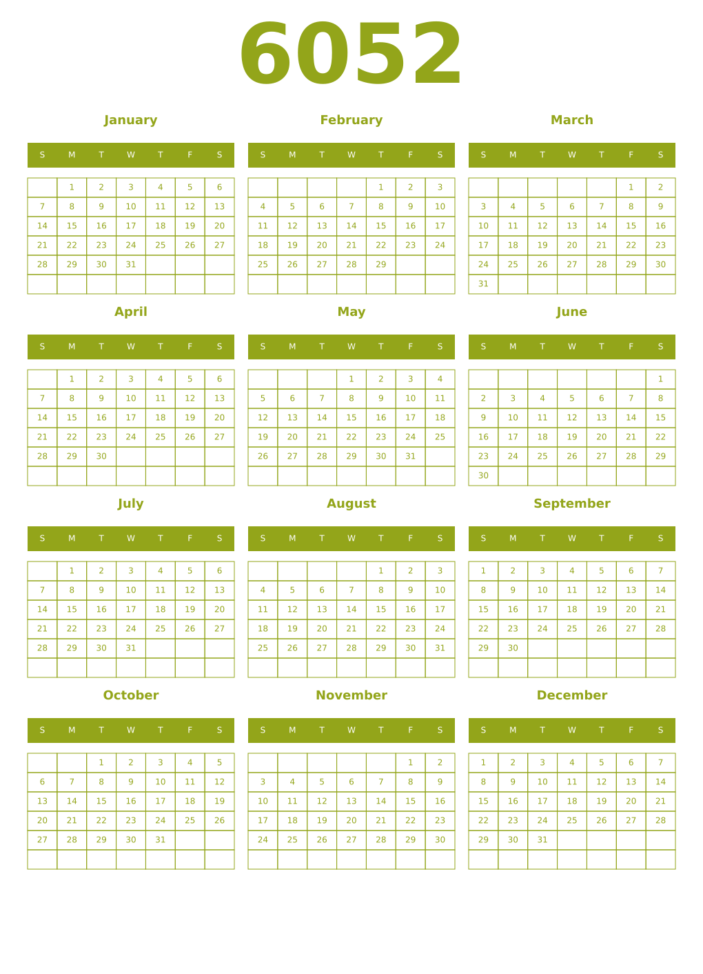 Printable 6052 Year Calendars chartreuse