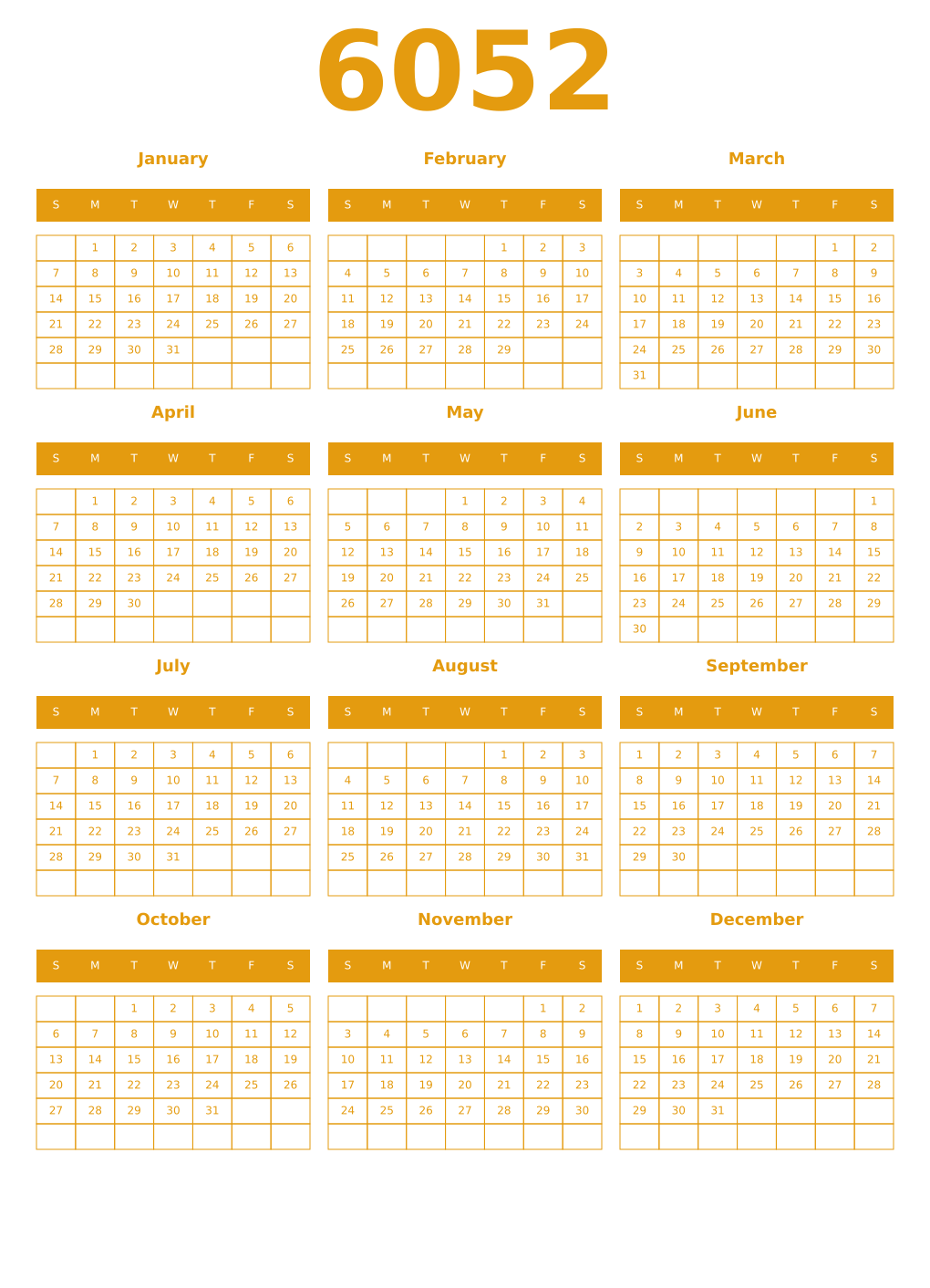 Printable 6052 Year Calendars gamboge