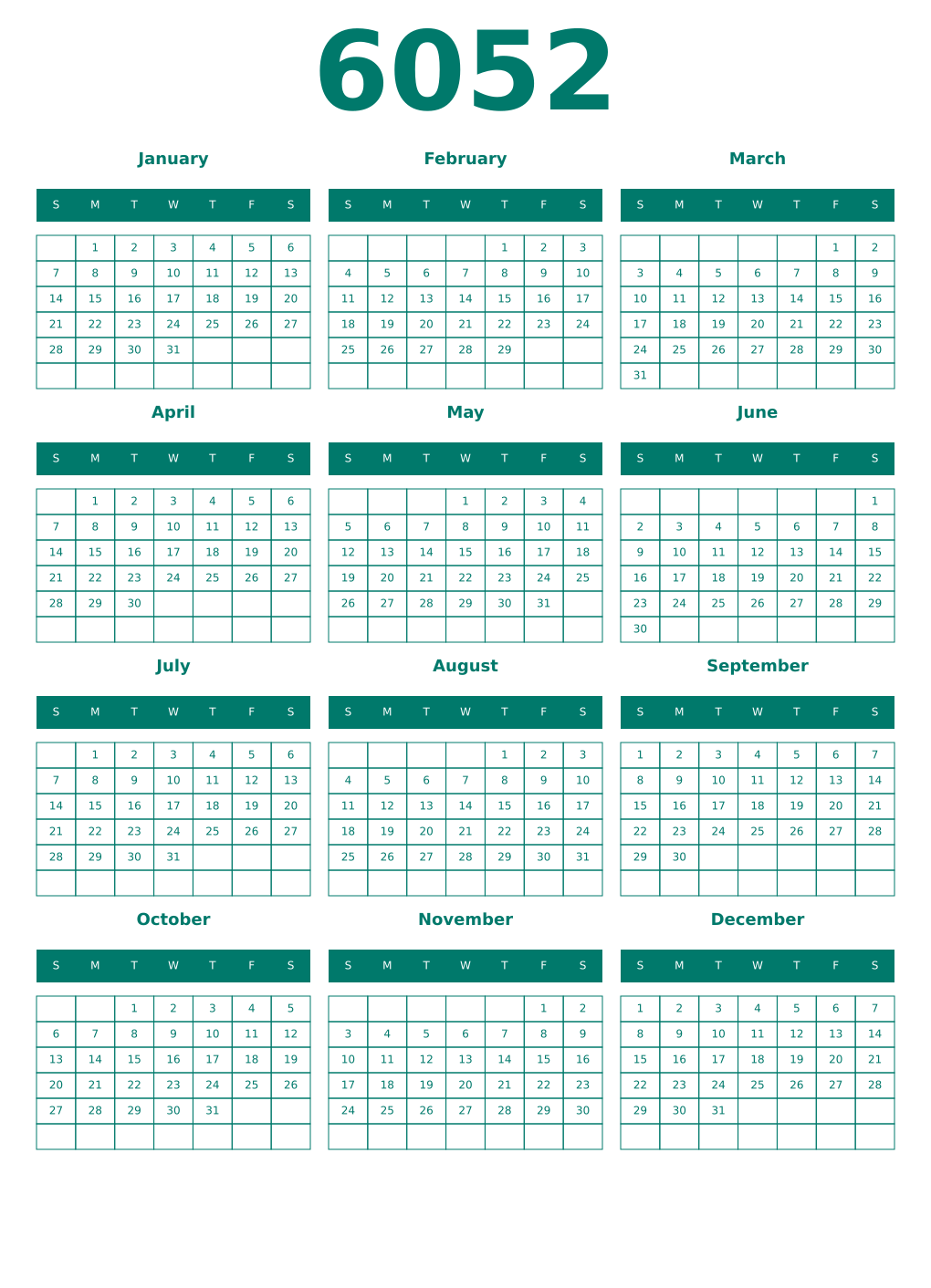 Printable 6052 Year Calendars pastel