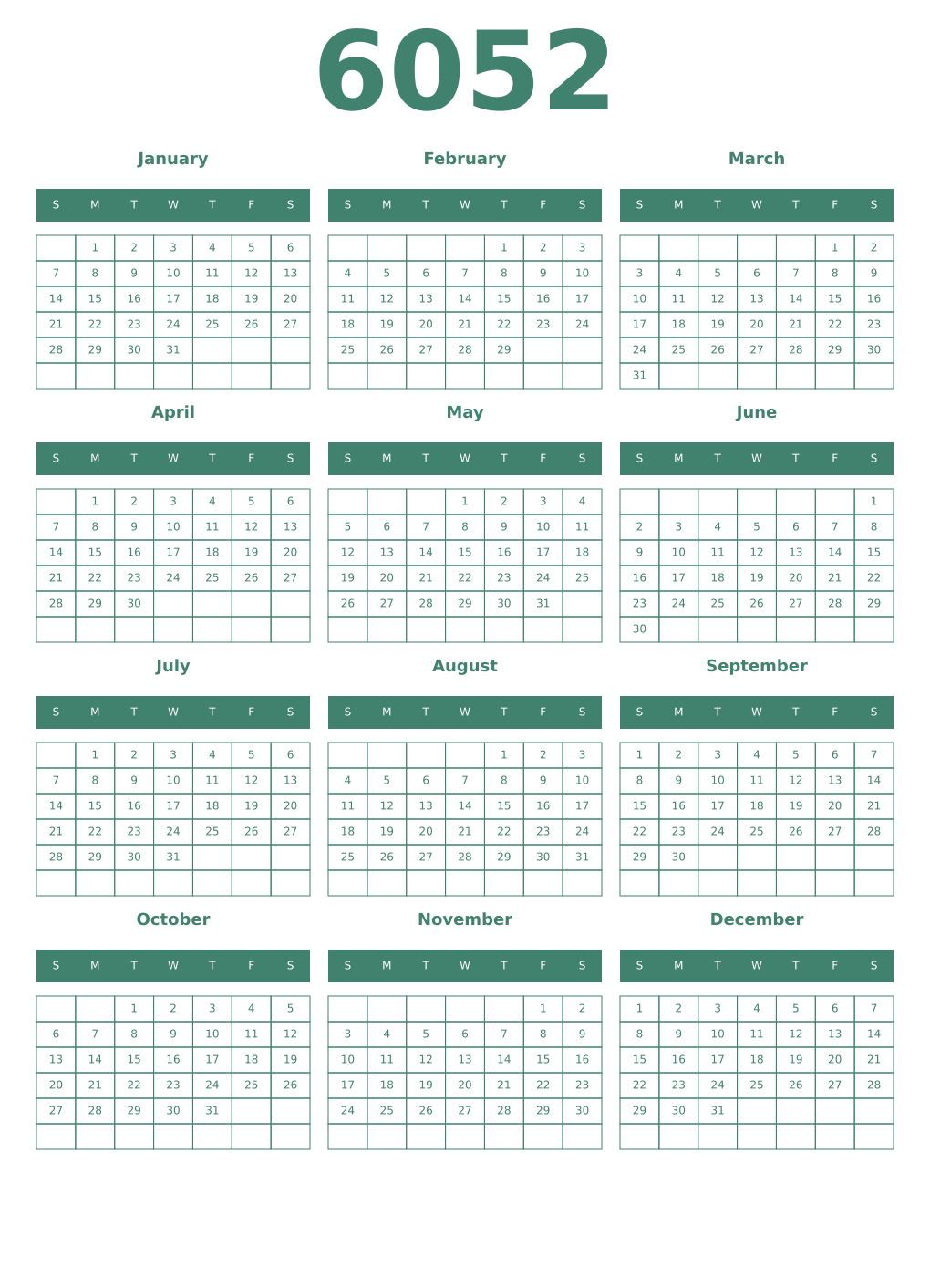 Printable 6052 Year Calendars viridian