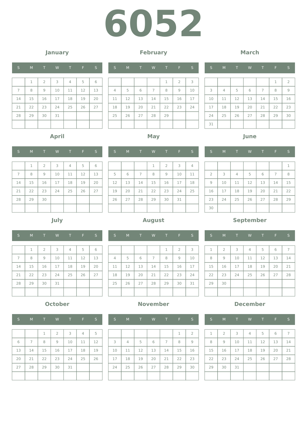Printable 6052 Year Calendars xanadu