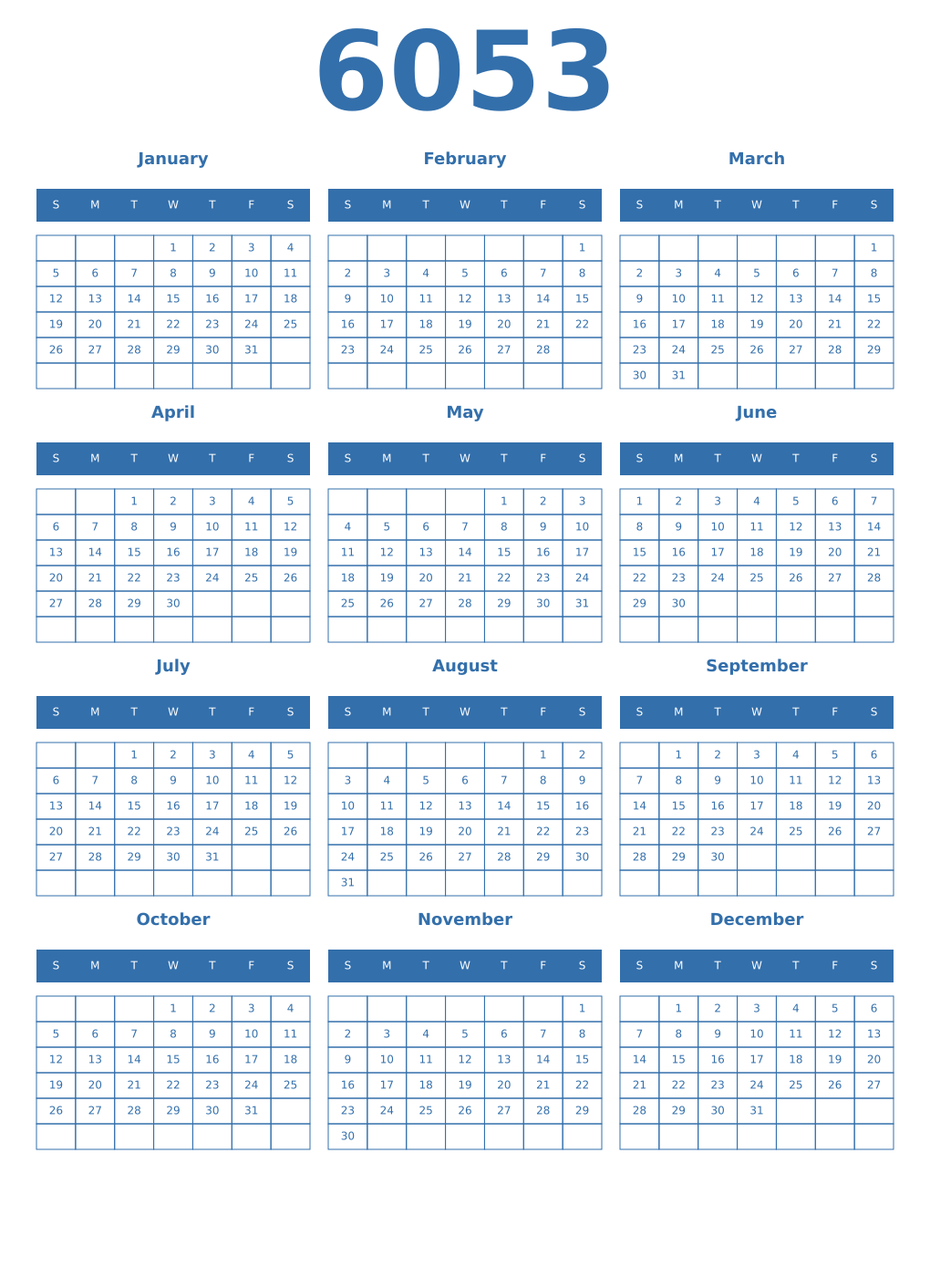 Printable 6053 Year Calendars blue