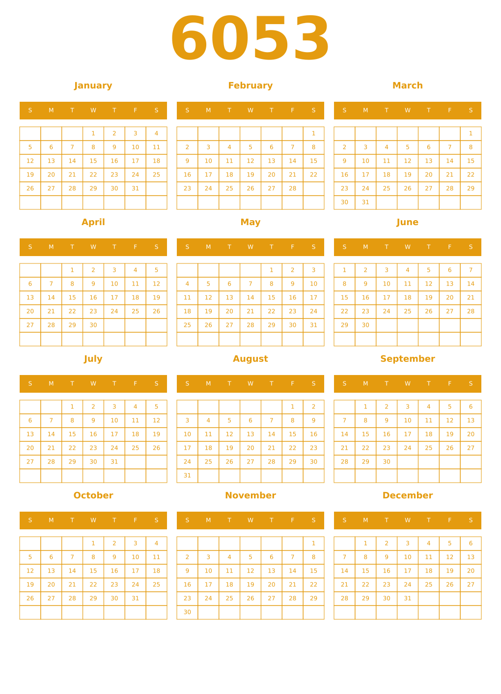 Printable 6053 Year Calendars gamboge