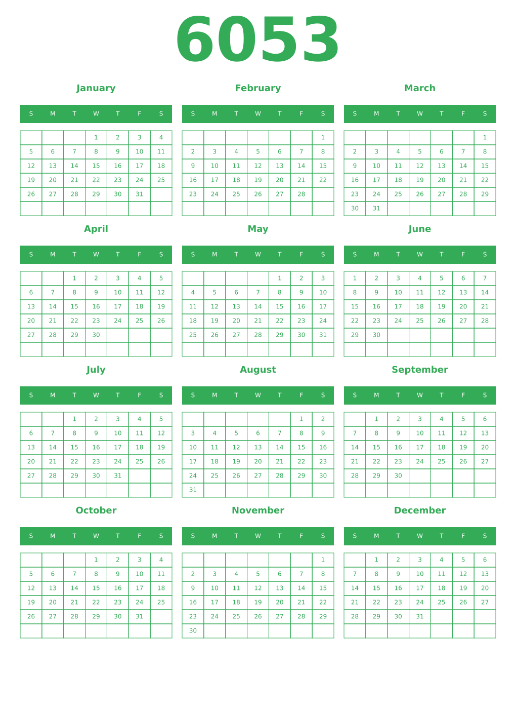 Printable 6053 Year Calendars green