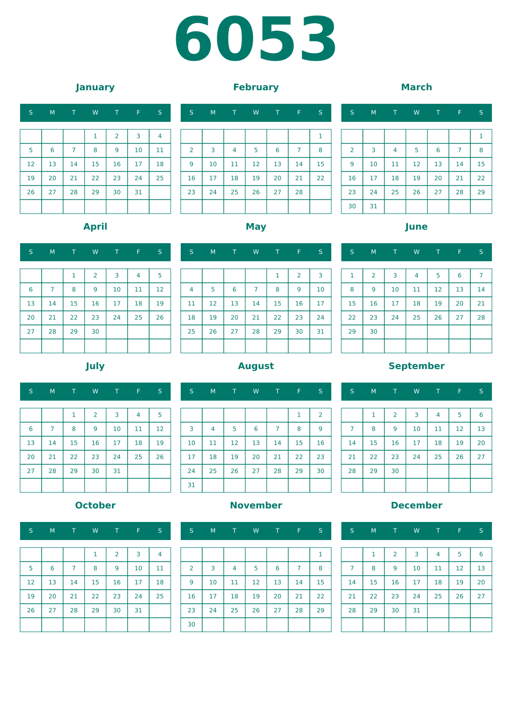 Printable 6053 Year Calendars pastel