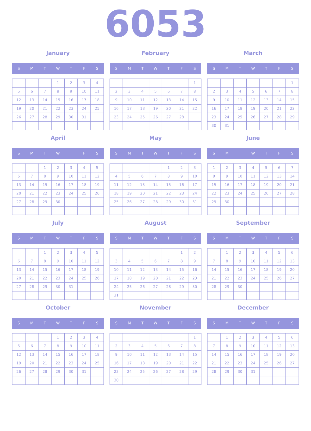 Printable 6053 Year Calendars periwinkle
