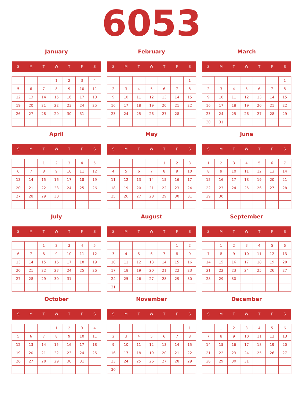 Printable 6053 Year Calendars red