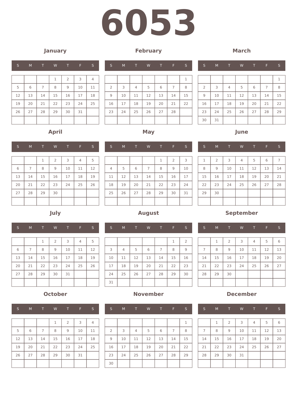 Printable 6053 Year Calendars wenge