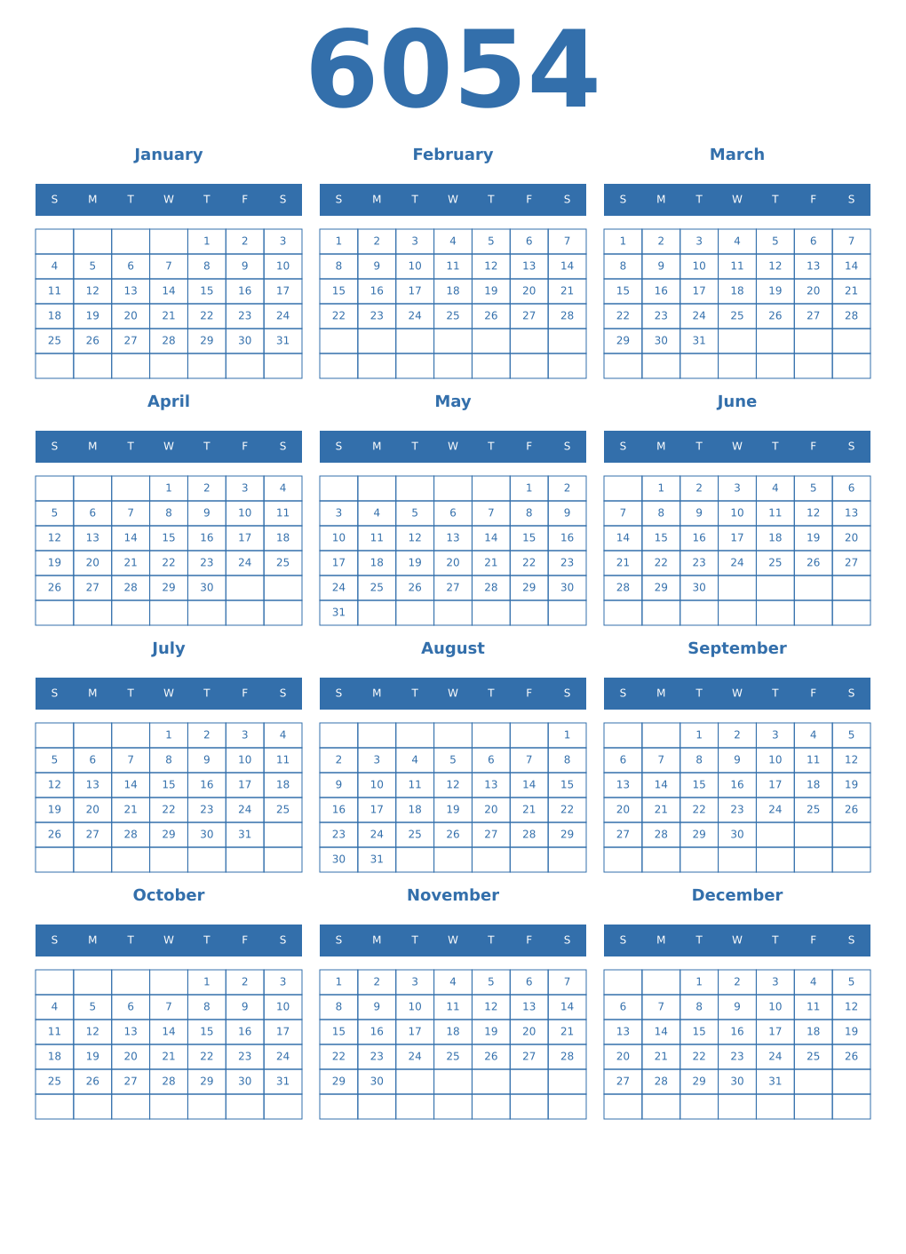 Printable 6054 Year Calendars blue