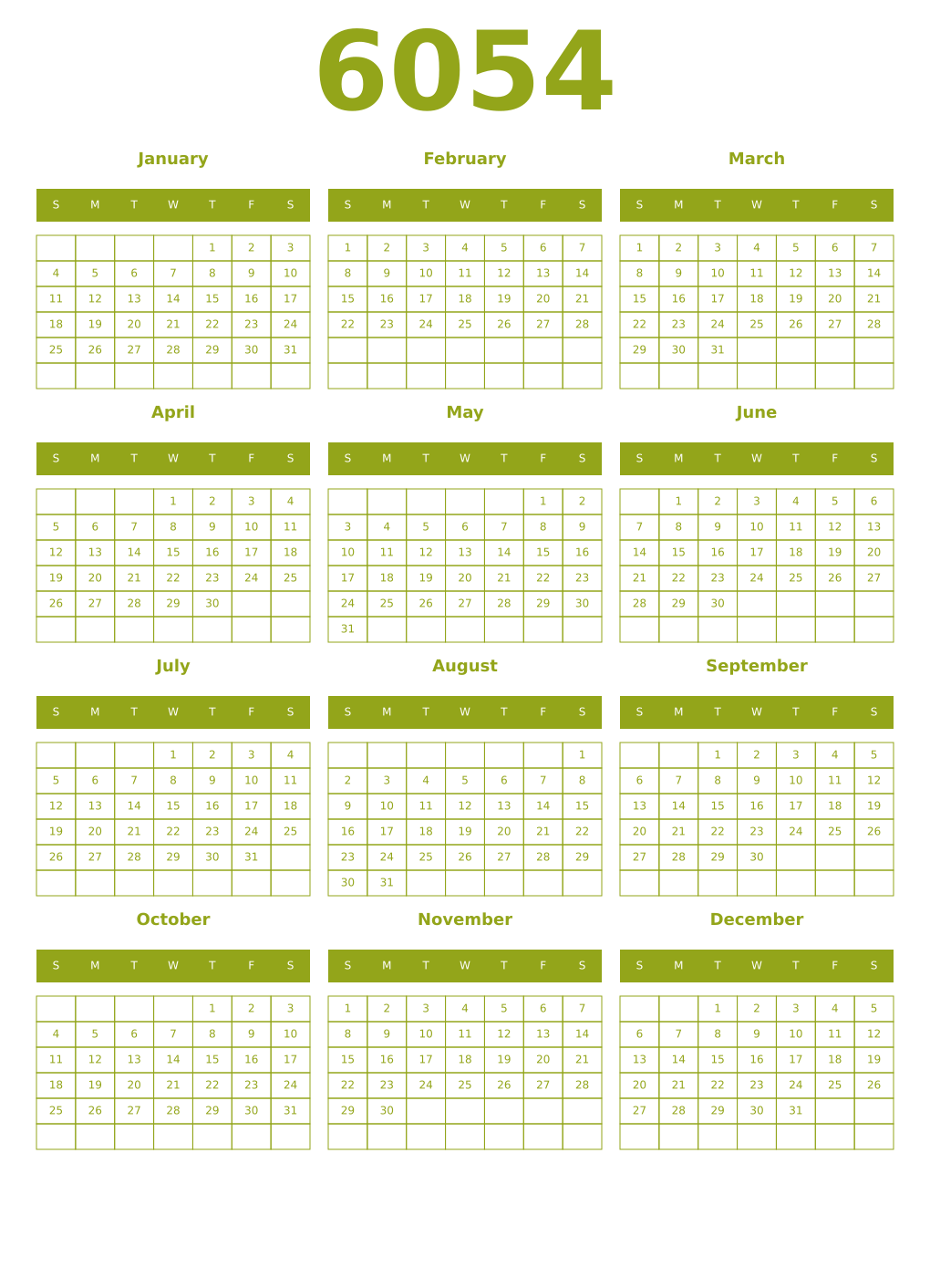 Printable 6054 Year Calendars chartreuse