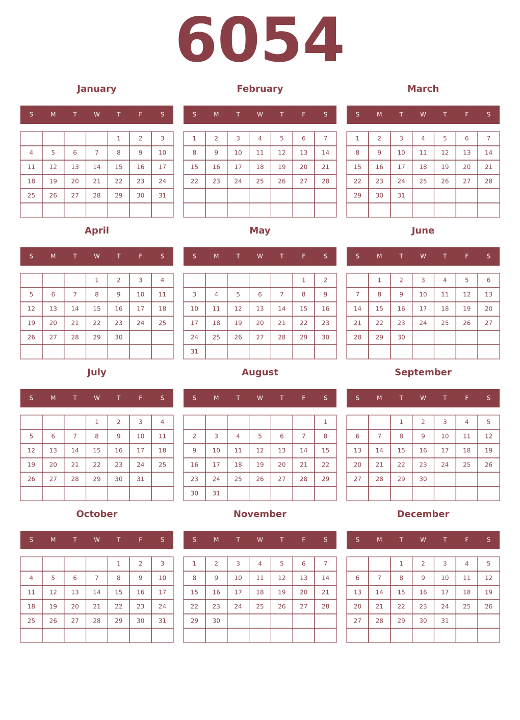 Printable 6054 Year Calendars cordovan